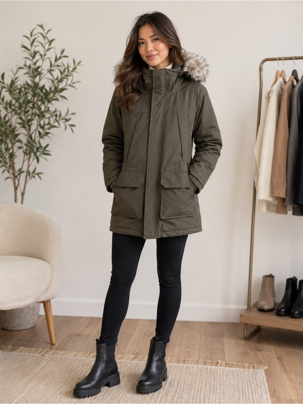 Quince Olive Faux-Fur Hooded Parka Jacket - Women